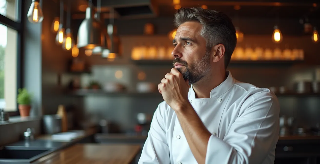 Chef en cuisine professionnelle en pleine réflexion stratégique