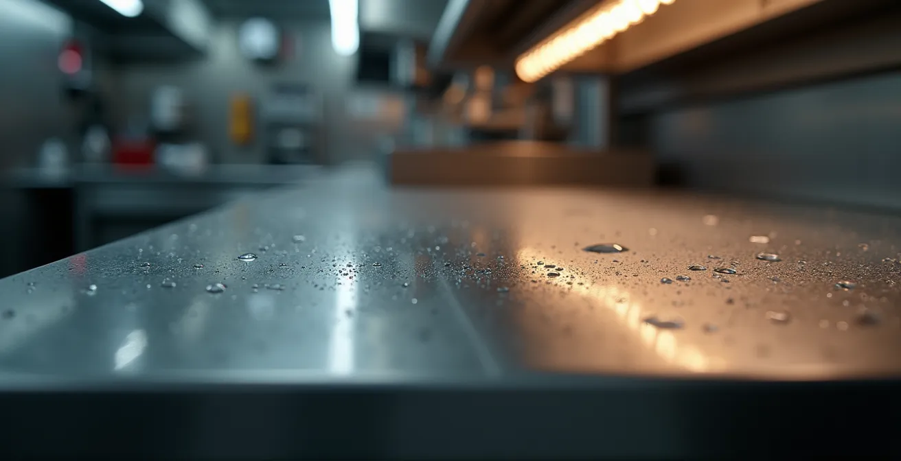Gros plan sur surface inox avec reflets lumineux d'une cuisine professionnelle