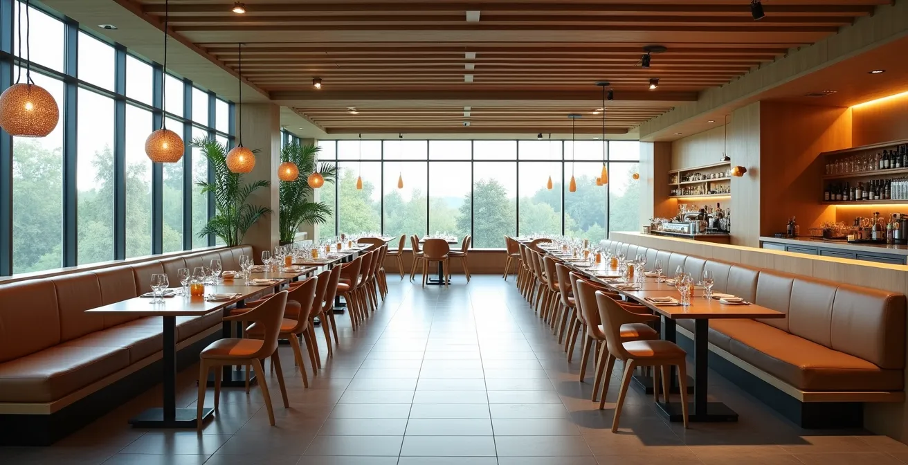 Vue large d'un espace restaurant moderne avec zones distinctes pour différentes ambiances