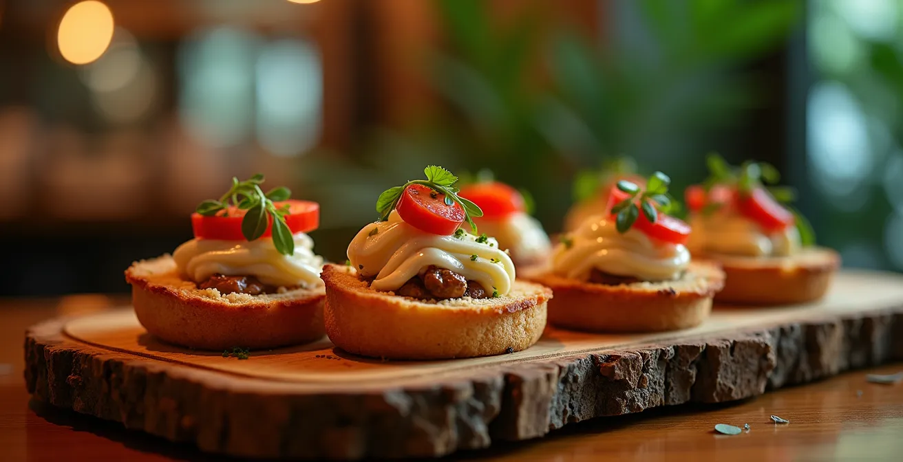 Vue macro de tapas raffinés sur plateau bois avec textures variées