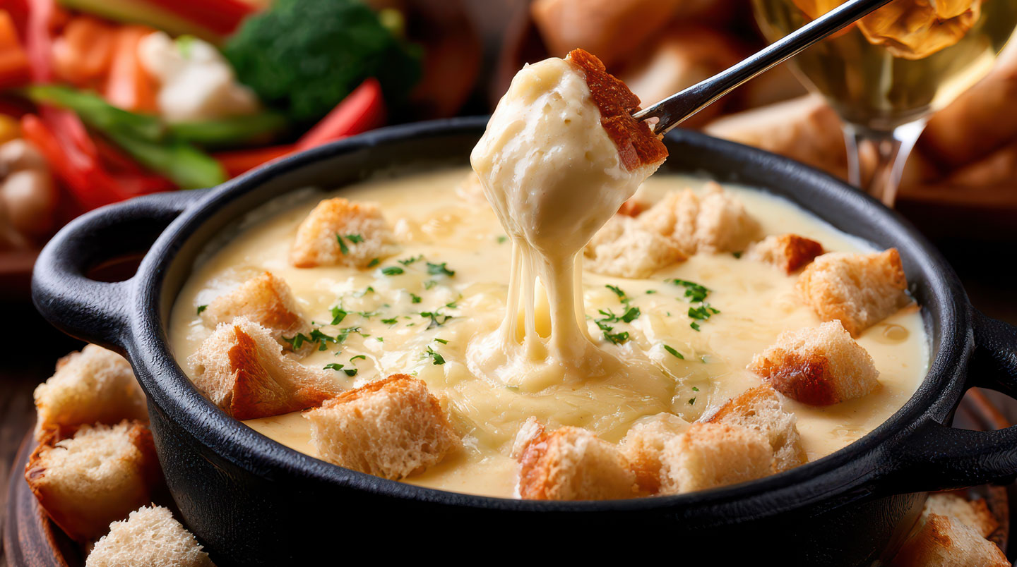 Un caquelon de fondue fumant sur une table en bois avec des morceaux de pain.