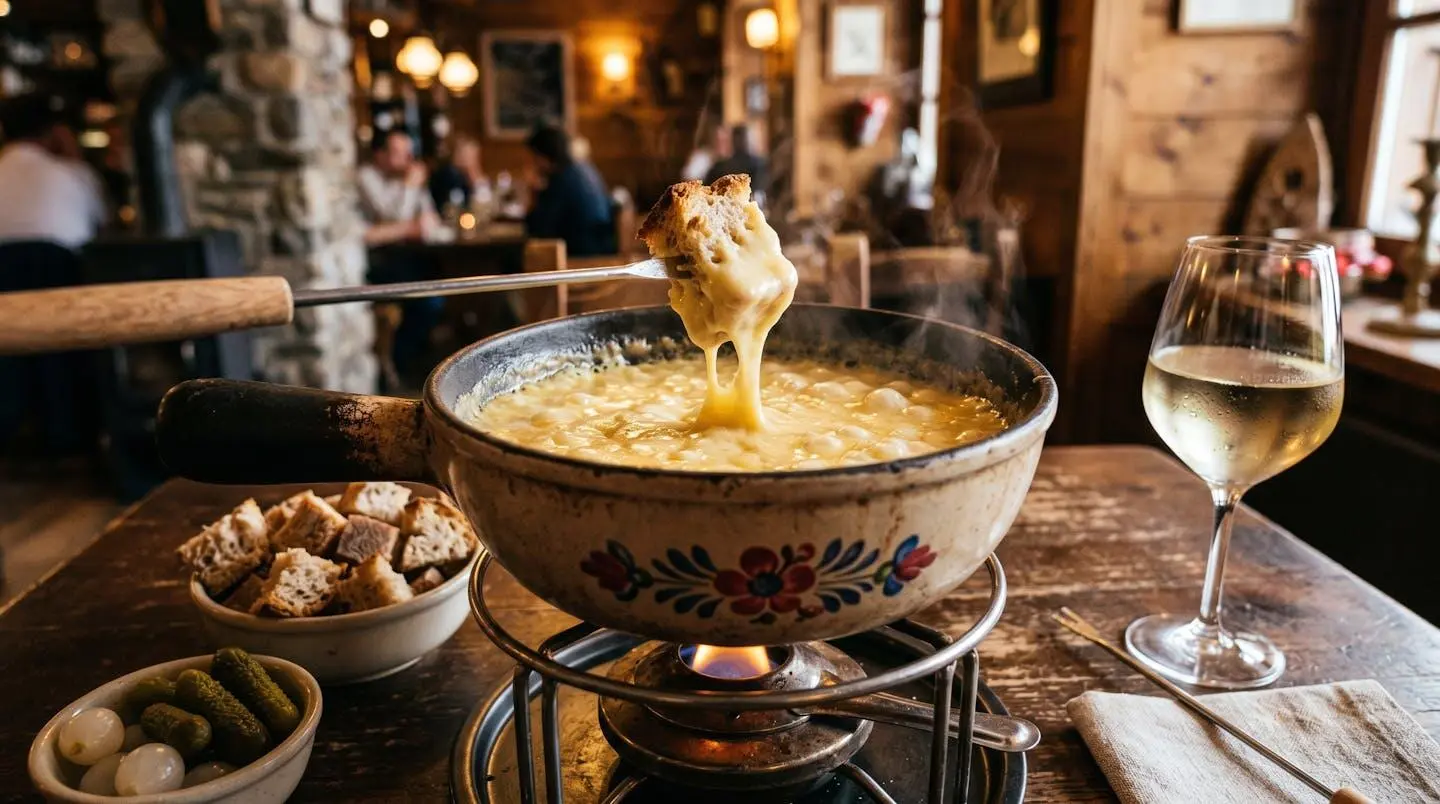 Un caquelon de fondue fumant sur une table en bois avec des morceaux de pain.