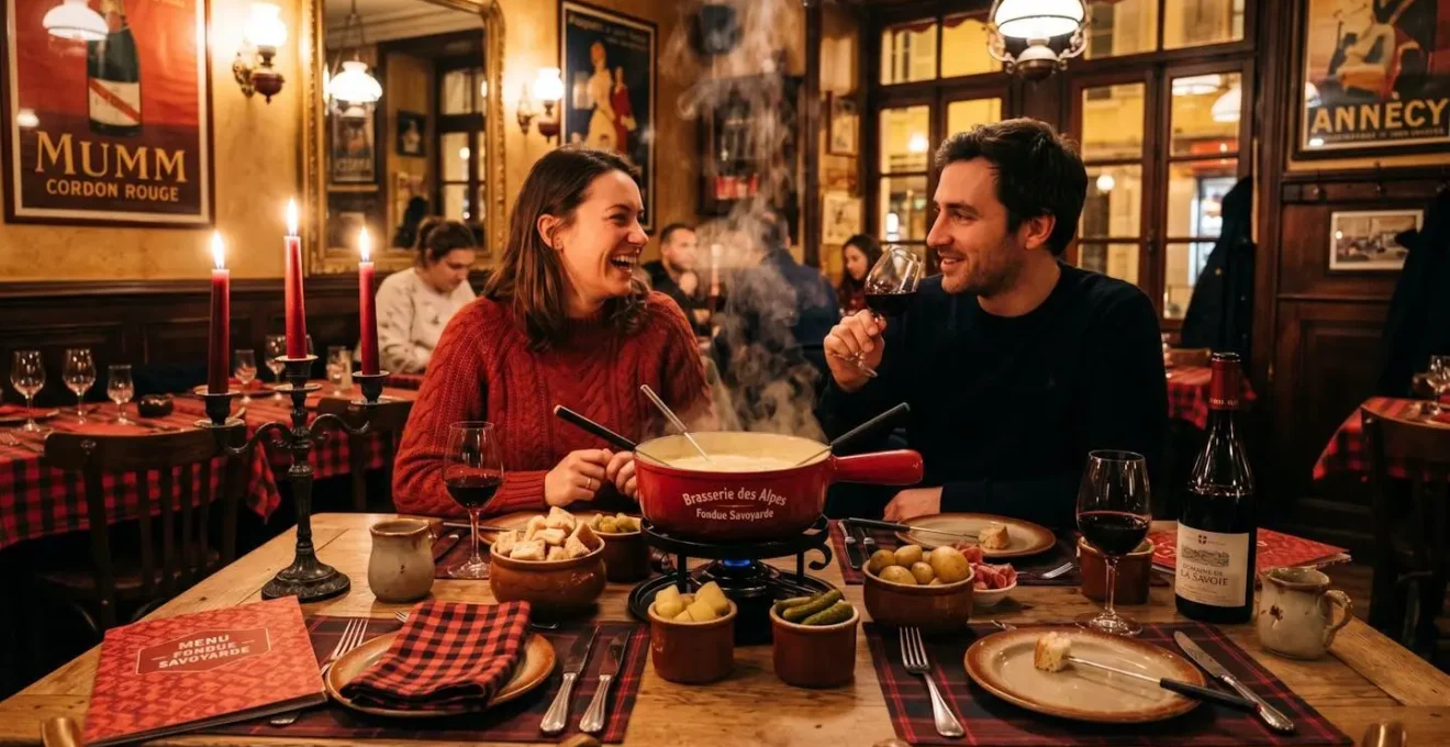 Une table dressée pour la fondue dans une brasserie aux tons rouge et noir, avec un caquelon fumant au centre.