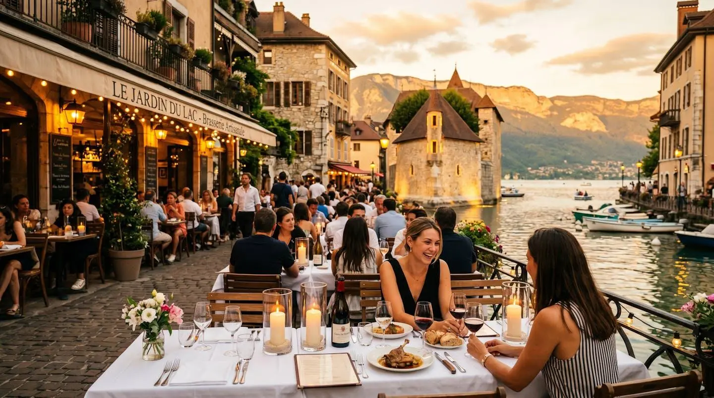 Terrasse de la Brasserie des Européens face aux monuments historiques de la vieille ville d'Annecy au coucher du soleil.