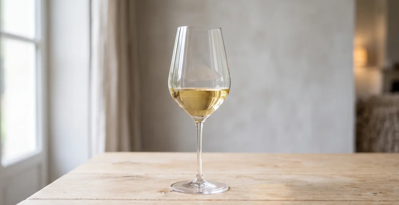 Gros plan sur un verre à vin blanc en cristallin éclairé par une lumière latérale révélant la finesse et la transparence du matériau