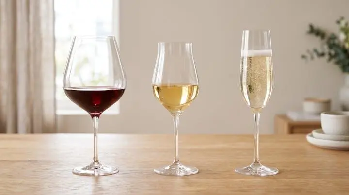 Trois verres en cristallin alignés sur une table : verre tulipe large pour vin rouge, verre tulipe étroit pour vin blanc, et flûte élancée pour champagne